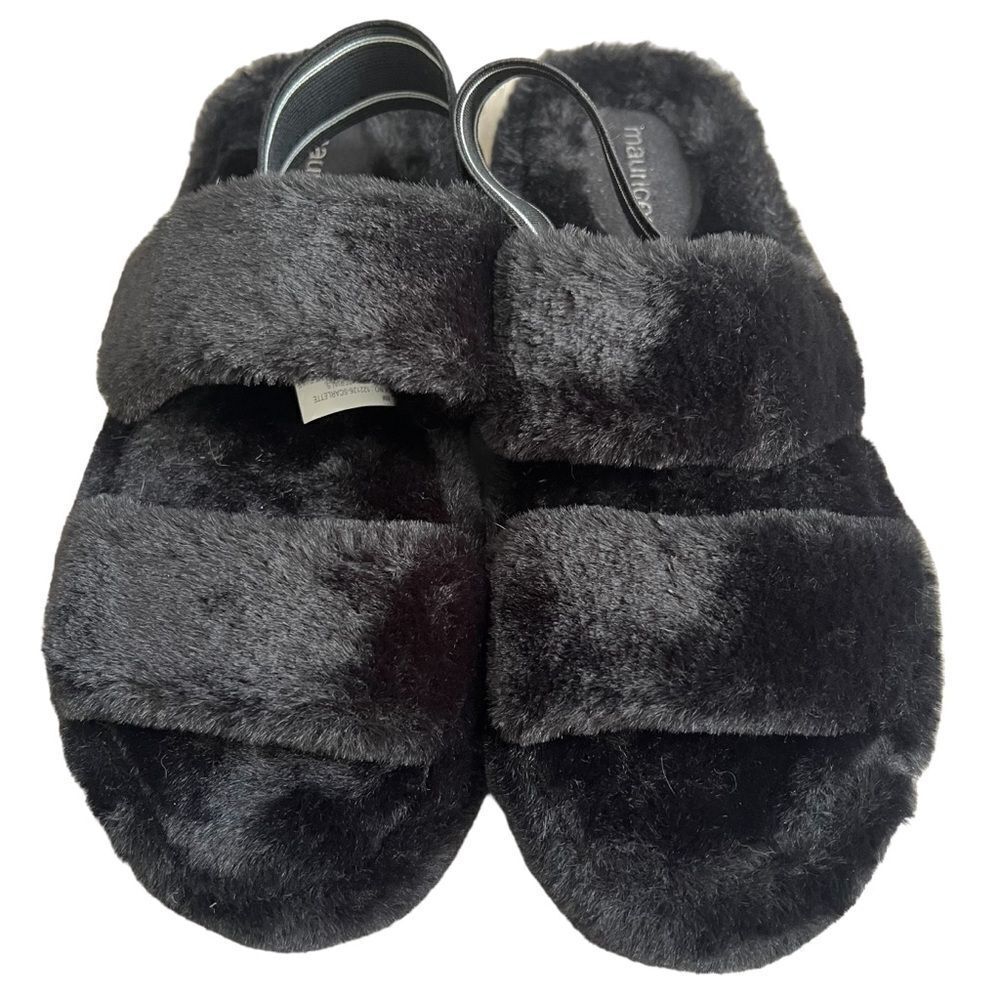 Maurices Fuzzy Slippers size 8M Black Slingback Strappy Faux Fur Shoes